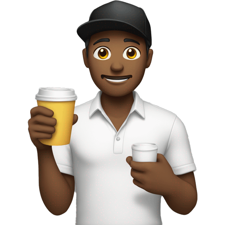 Men using a black cap with white shirt, and holding a cup emoji