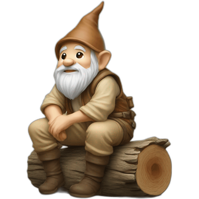 side view of gnome with light tan pants squatting on top of tiny brown log emoji