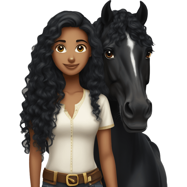  Brazilian girl, long black curly hair, standing next to a black Arabian horse emoji