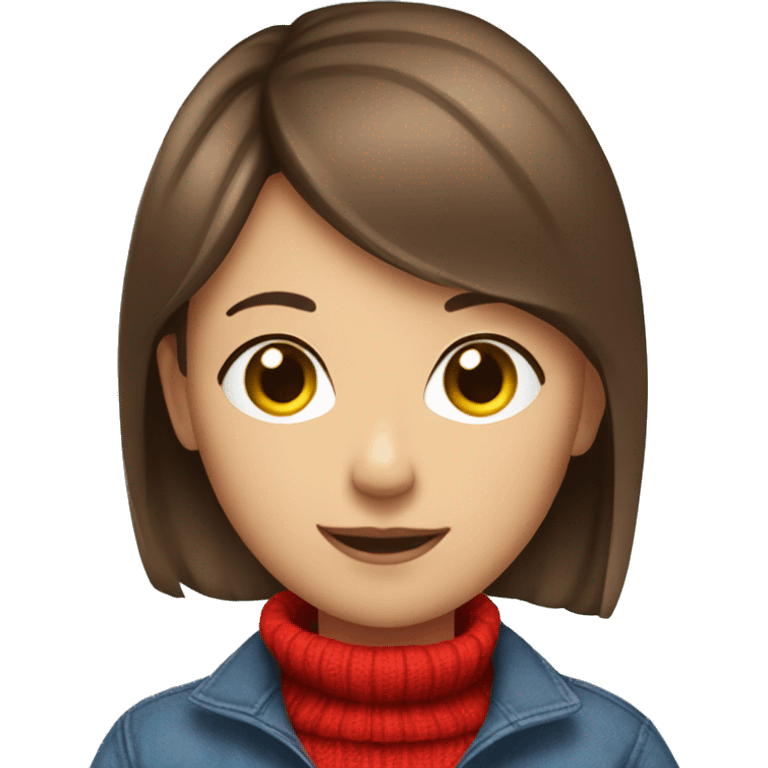 a girl, short brown hair, hazel eyes, wearing a red sweater and blue jeans taking a picture in a mirror emoji