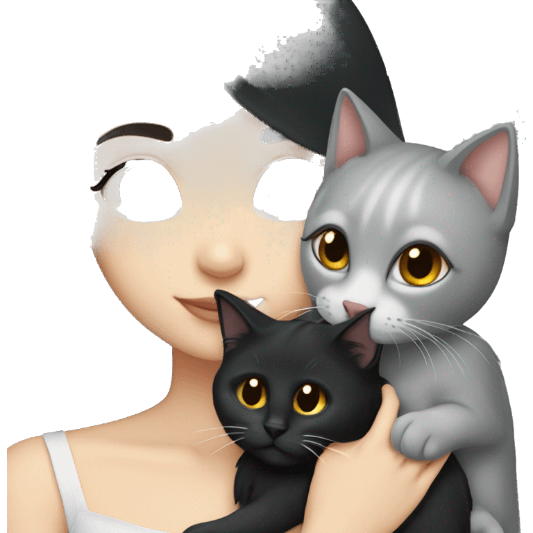 White skin girl with long black hair and black eyes hugging a grey cat emoji