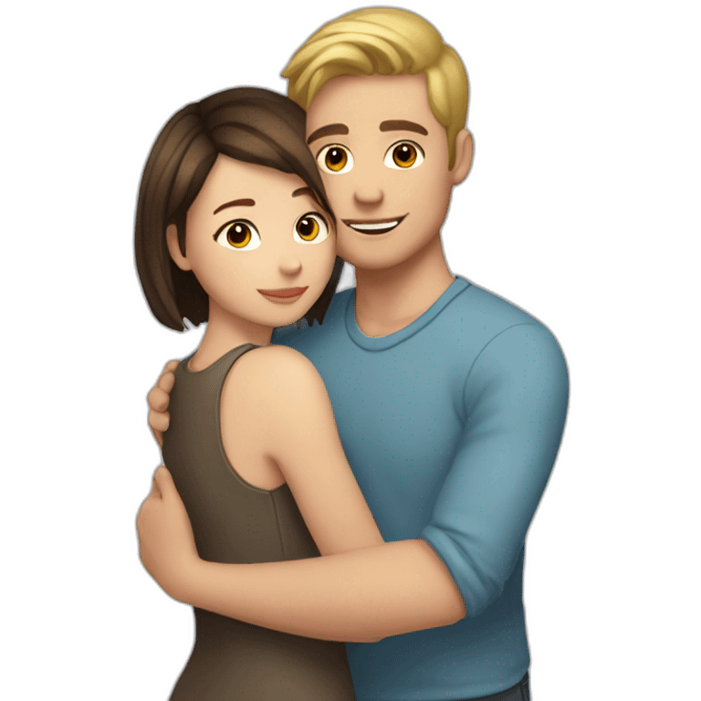 white skin Boyfriend with light hair and short dark brown hair girlfriend hugging emoji