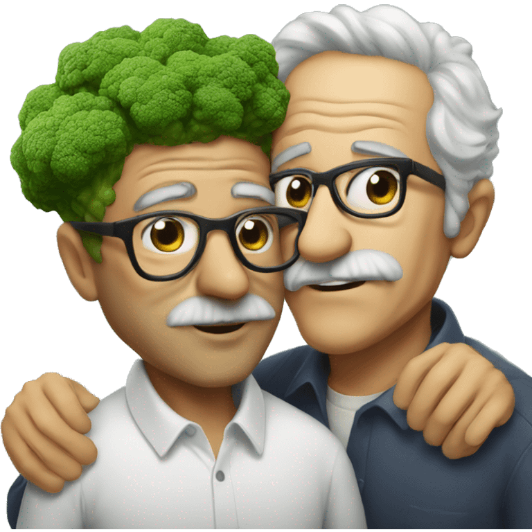 man with broccoli hair and glasses kissing an aged man emoji