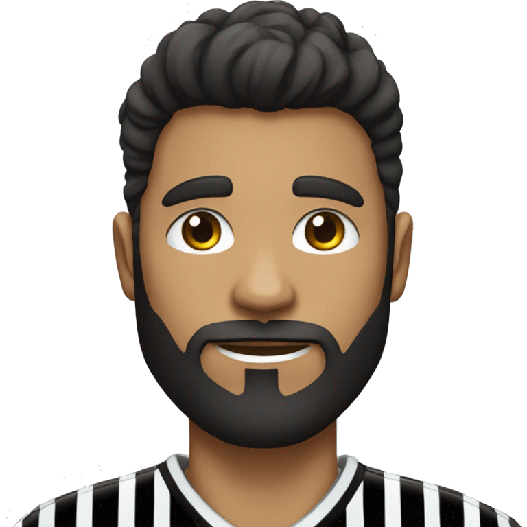 una persona blanca con barba negra ojos negros y pelo negro para arriba y una camisa de rayas celestes y blancas con una pelota de futbol emoji