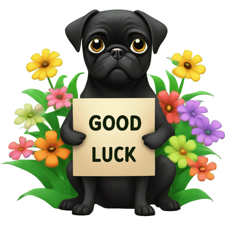 Black pug , surrounded by flowers, holding a green sign that says “good luck”  emoji