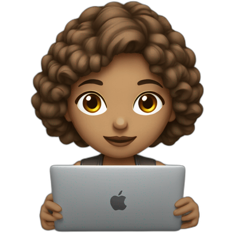 Beautiful programmer girl with brown hair working with MacBook emoji