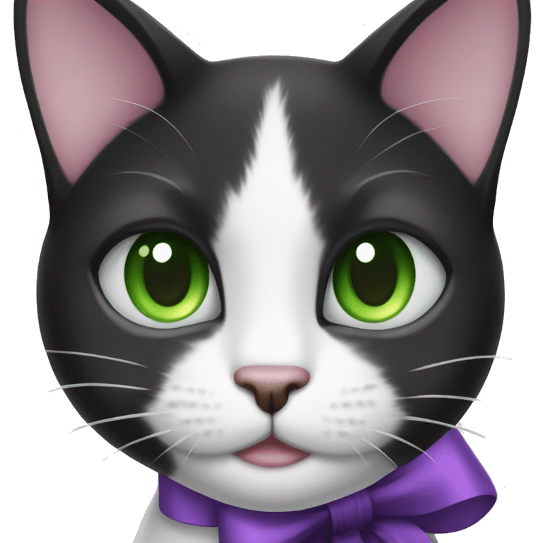 black and white cat green eyes purple bow emoji