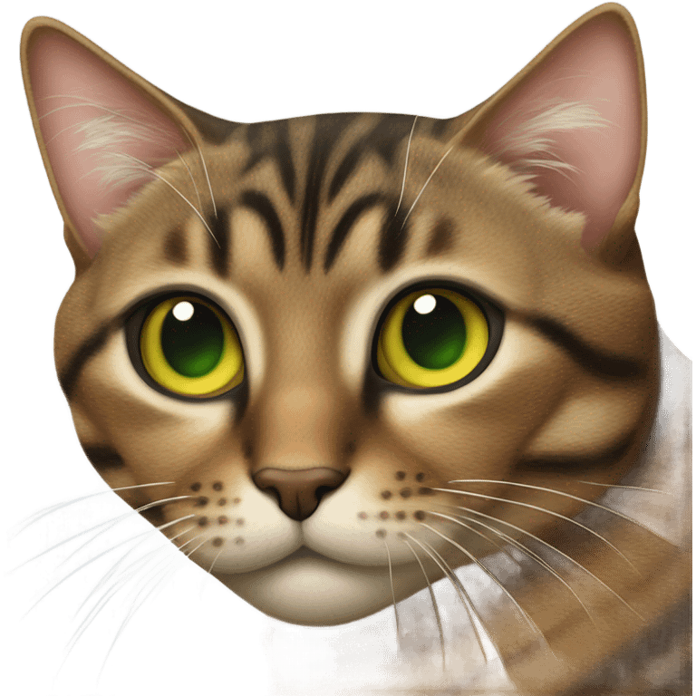 brown tabby cat with green/yellow eyes and black nose emoji