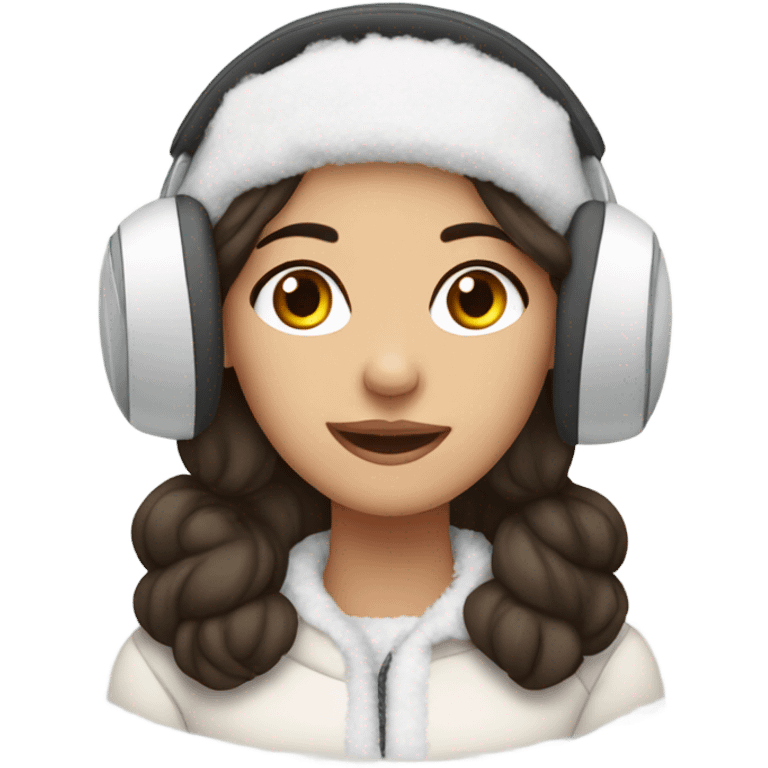 pretty brunette girl wearing cozy winter white earmuffs emoji