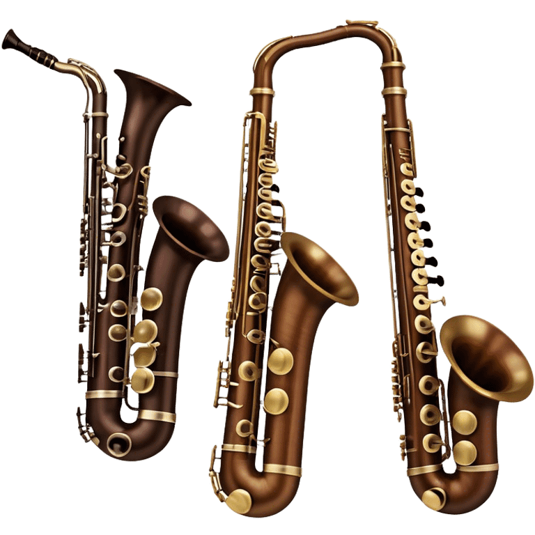 Create a refined and artistic emoji that represents lesser-known wind instruments. The design should feature a collection of unique wind instruments, such as a bassoon, oboe, or French horn, arranged elegantly. Add elements like musical notes to symbolize the harmony and beauty of these instruments. Use colors like bronze, silver, and dark wood tones to reflect the classic nature of the instruments. The background should be transparent. emoji