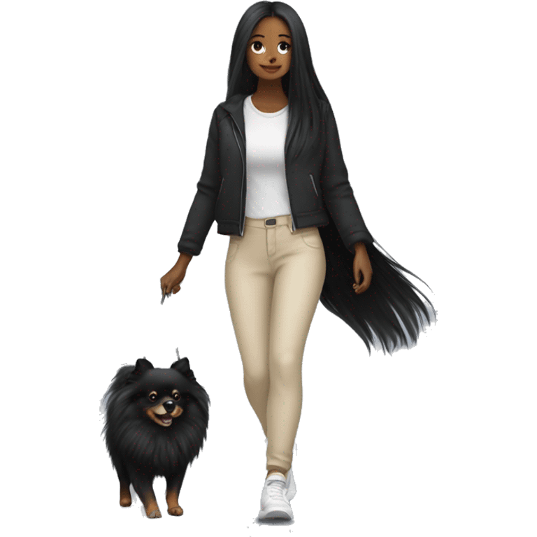 pale girl with long black hair wearing black pants walking with pomeranian emoji