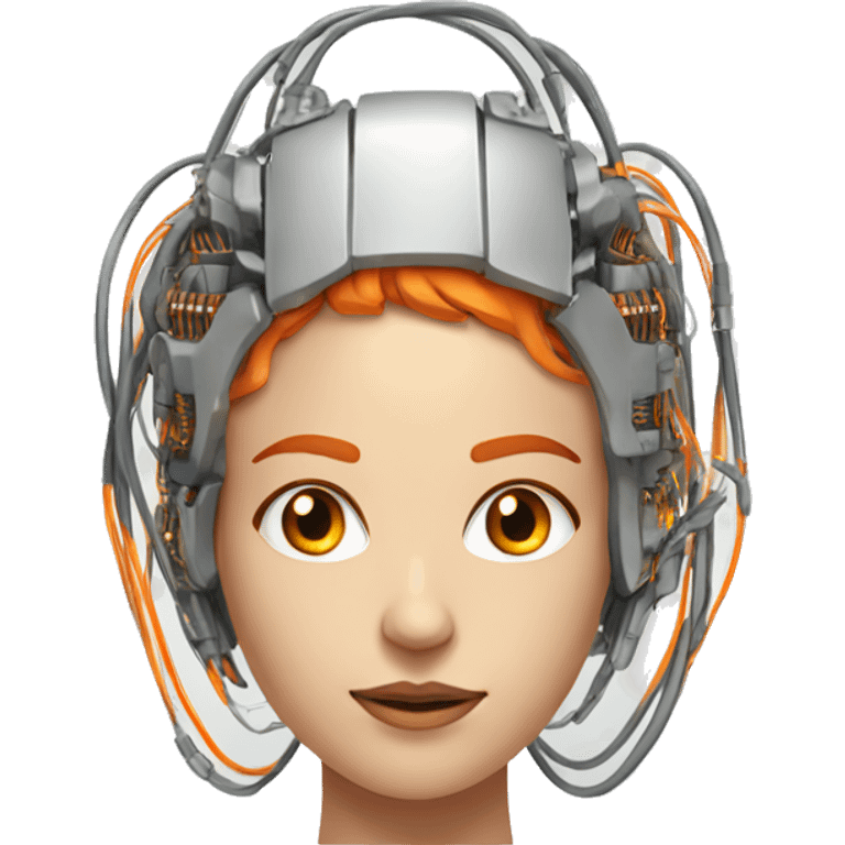 Head of female cyborg with orange hair and circuits wires emoji