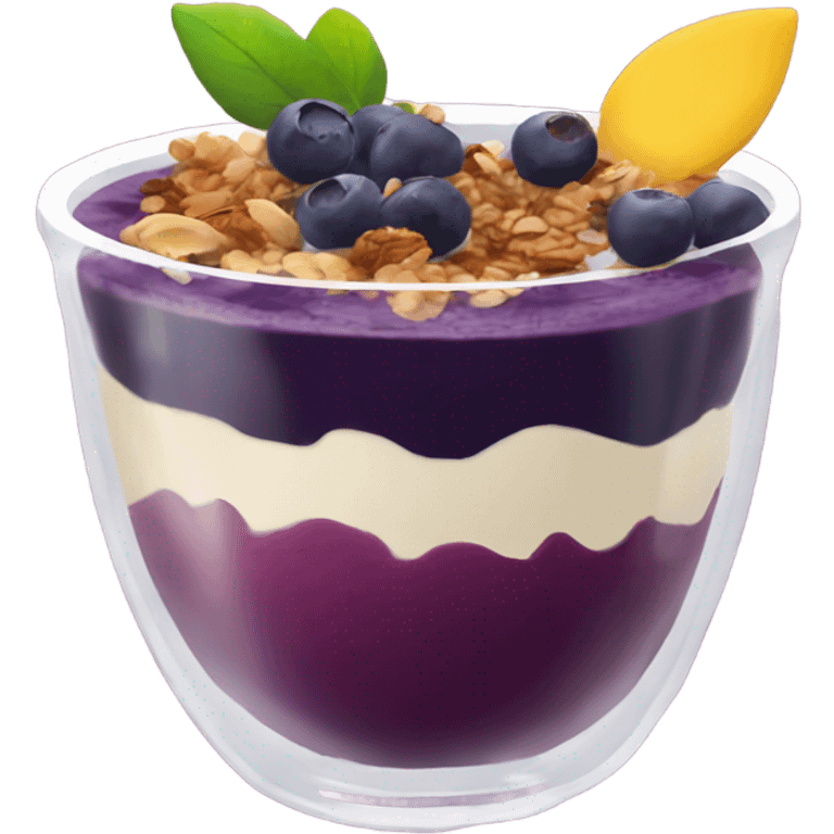 Açaí in a clear cup with layers of fruits and granola and condensed milk emoji