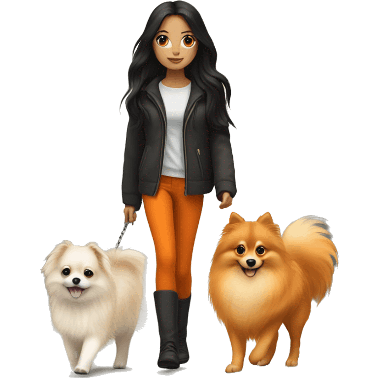 pale girl with long black hair walking with orange pomeranian emoji