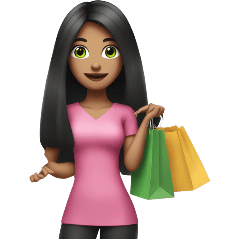 girl with very long black hair and green eyes and pink outfit holding credit card and shopping bags emoji