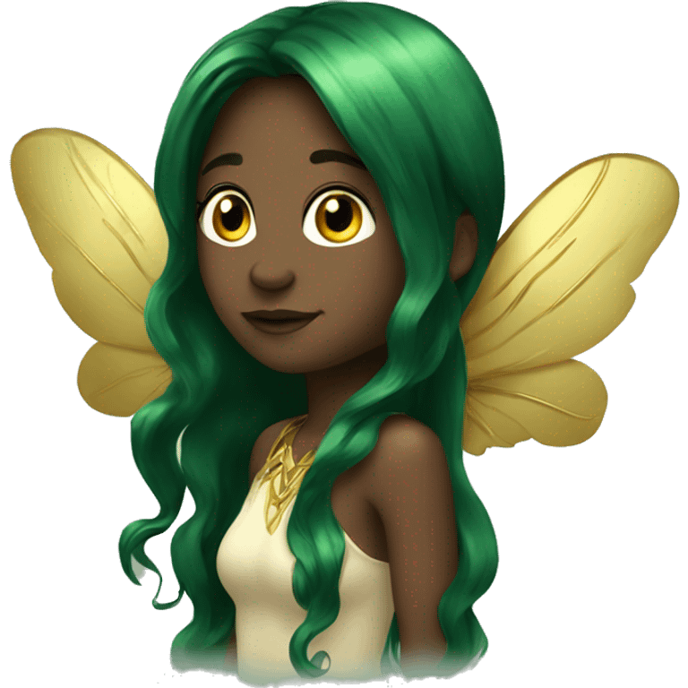 Beautiful, fairy, gold, dark green, green, long hair, big wings emoji