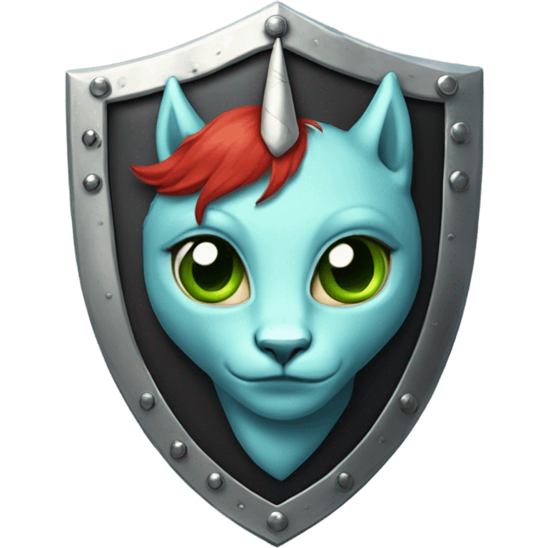 medieval shield: [politically incorrect, (
	{ female, alien, witch, color: light green, hair:red, eyes:cat} ]
	on a 
	[{ unicorn: white, legged:four, mane: light blue }]) emoji