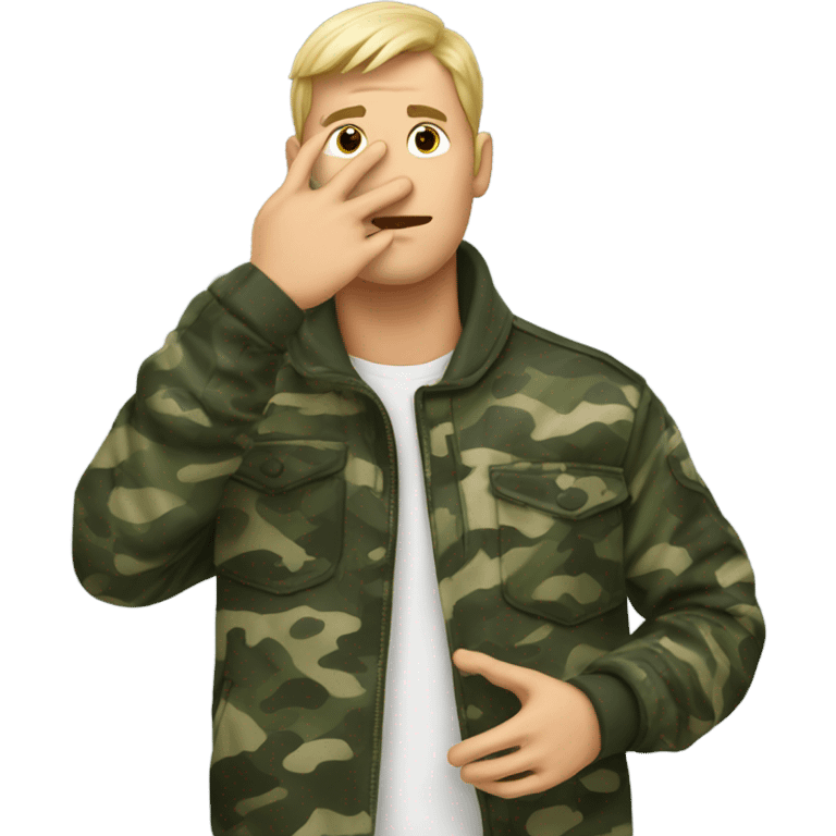 Guy wearing a camo jacket holding his hand to his forehead making a L shape with fingers emoji