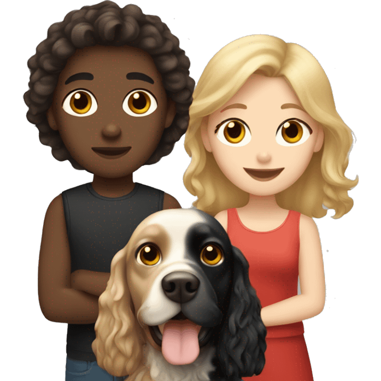 brown-haired girl and blond-haired boy with a black cocker spaniel emoji