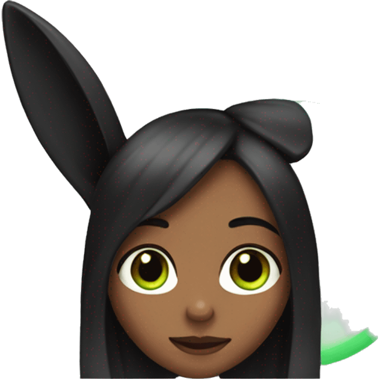 Girl's face black long hair Left eye blue a right green black bunny ears emoji