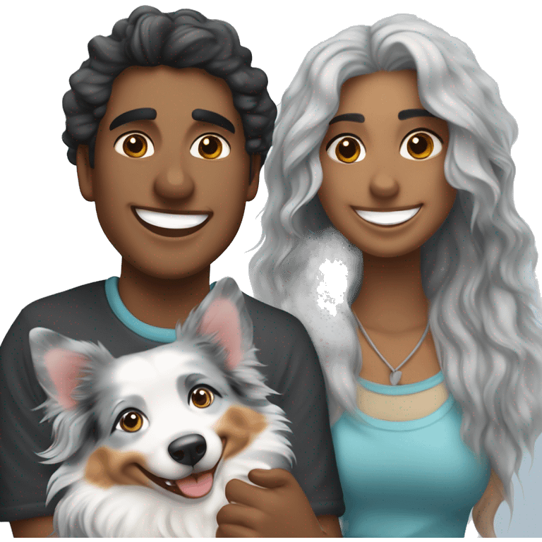 smiling couple with blue merle Australian Shepherd  emoji