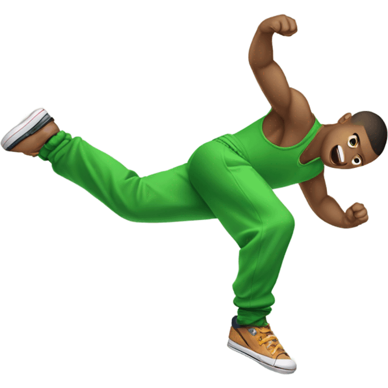 Bboy in a green short pants  doing one hand freeze open legs emoji