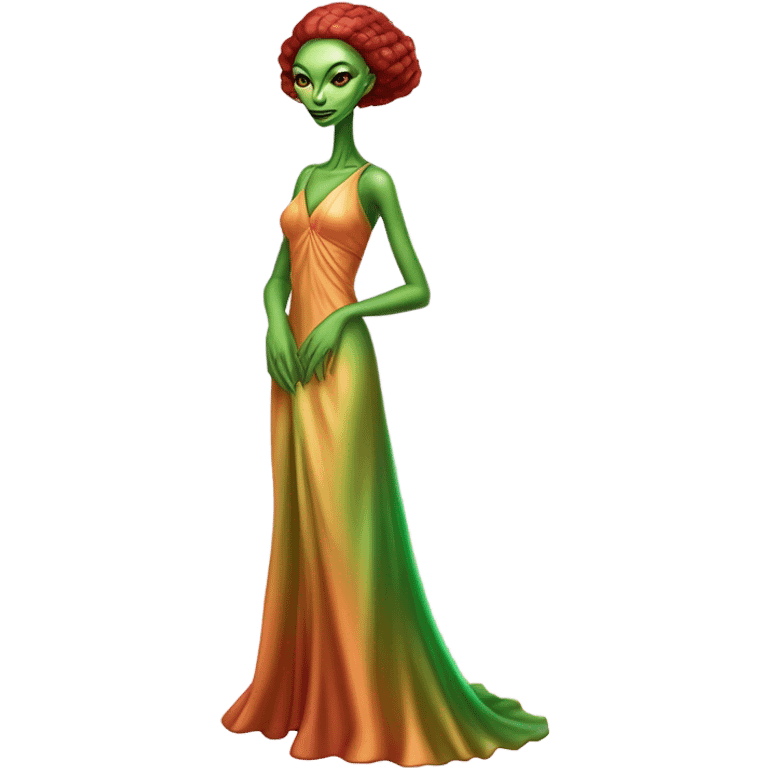 reptilian green alien woman, in long slim pastel orange formal party satin dress with gradient shiny sparkling dark red, full figure, full body emoji