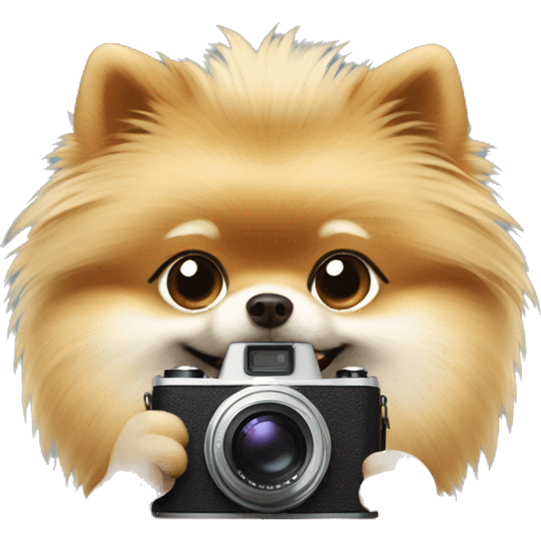 pomeranian taking a photo with a camera emoji