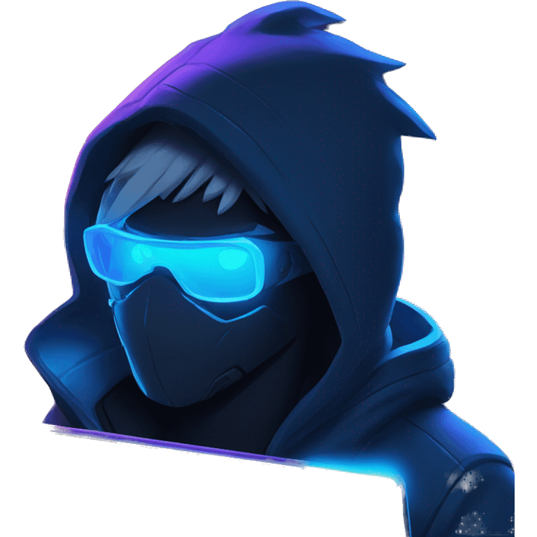 developer behind his laptop with this style : Riot Games Valorant neon glowing bright blue character blue black hooded assassin themed character emoji