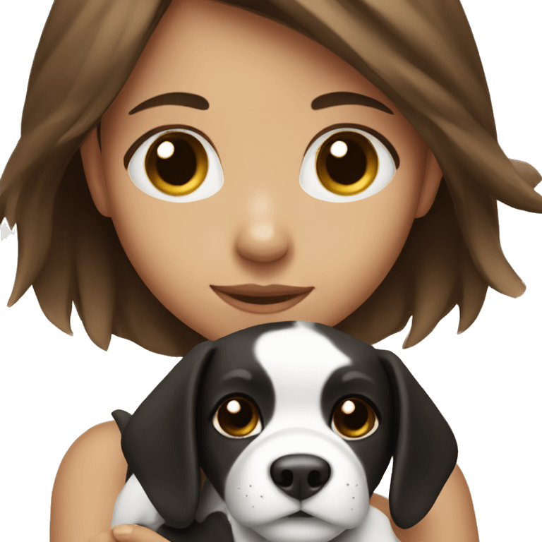 a girl with brown hair holding a black and white puppy emoji