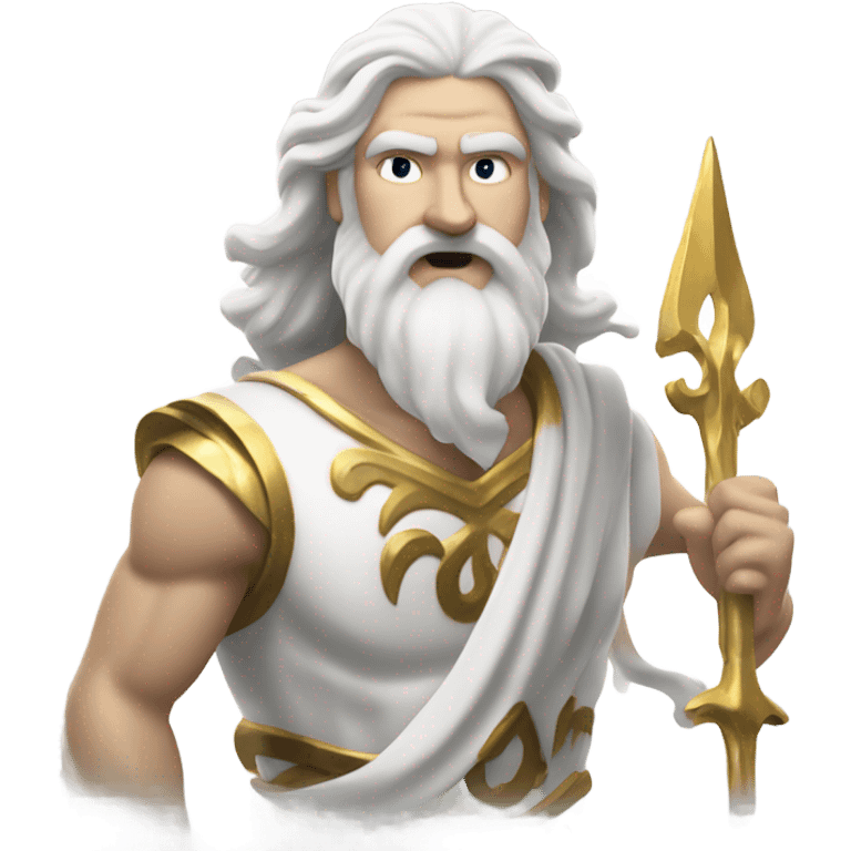 white man Poseidon with gold trident. long white hair white dress. black soot on face emoji