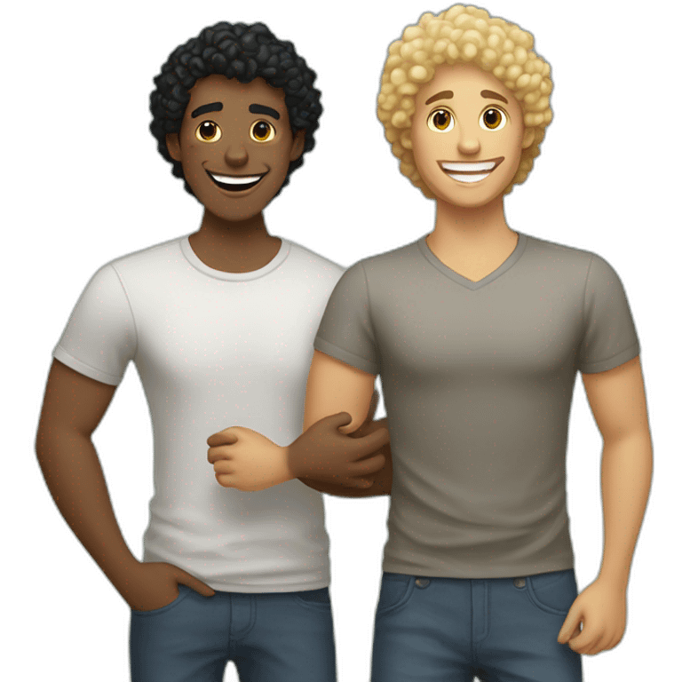 Gay couple, 1 guy Latino black straight hair and 1 Australian guy with blonde curly hair with a cat laughing full body emoji