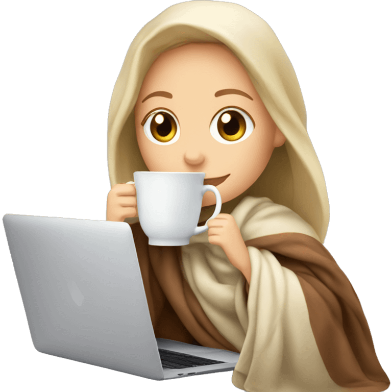 White Girl drinking tea with blanket on a macbook emoji