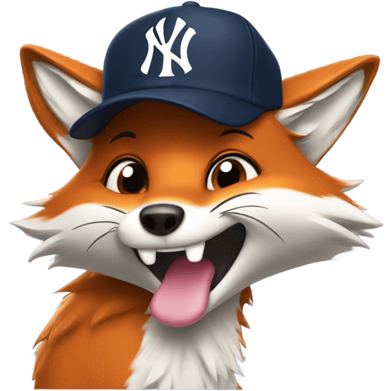 A furry fox wearing a Yankees cap, winking and sticking out its tongue emoji