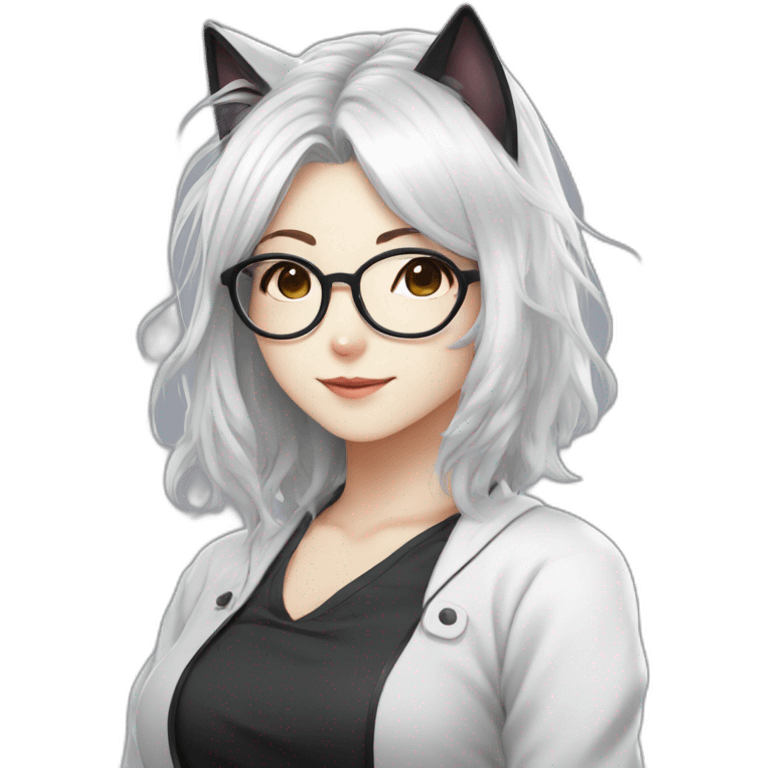 anime style white hair catgirl, black glasses, winking, emoji