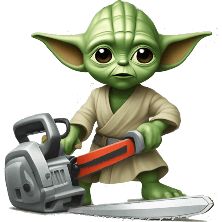 Yoda’s kid saws with a chainsaw. In a painted style emoji