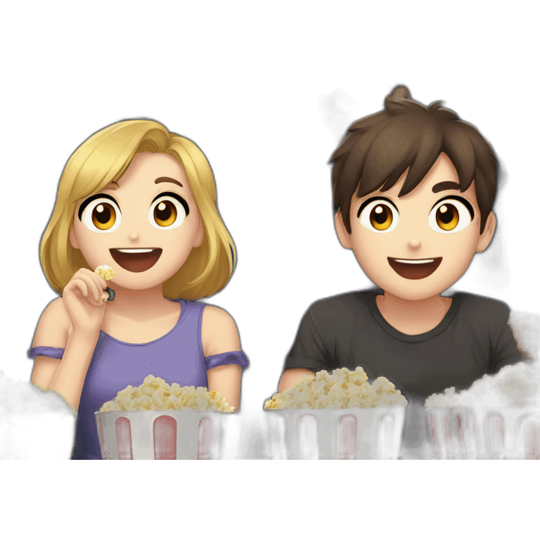 two anime girls 1 anime boy, watching movie at the cinema eating popcorn, dark background emoji