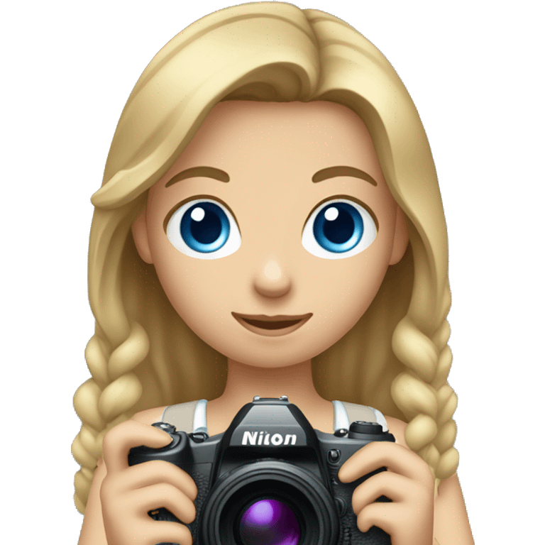 Girl with dark blonde Haie and BLUE eyes Holding a Nikon Camera in her hands emoji