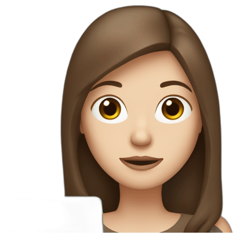 woman with pale skin and long brown hair behind a computer wearing a coffeecuphat emoji