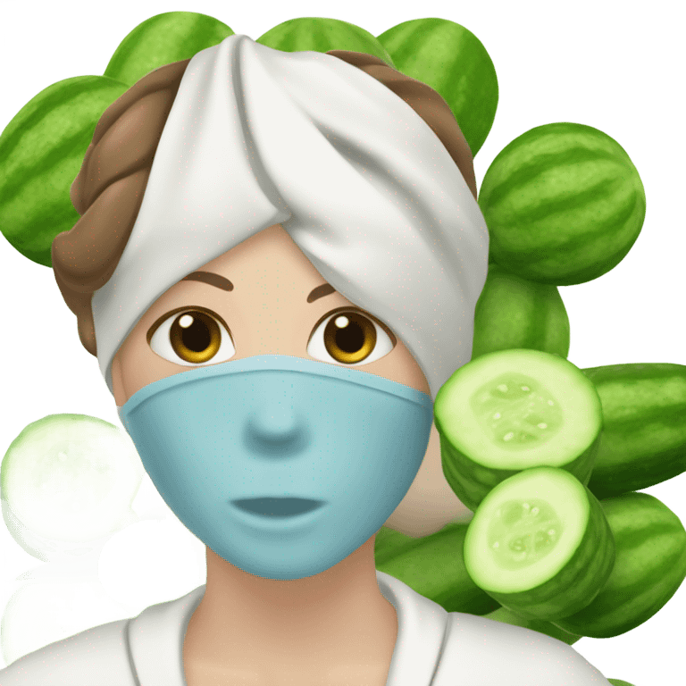 White girl with Brown hair and blue eyes wears a Green colored clay mask and puts on cucumbers around her eyes while She relaxes in her white Robe emoji