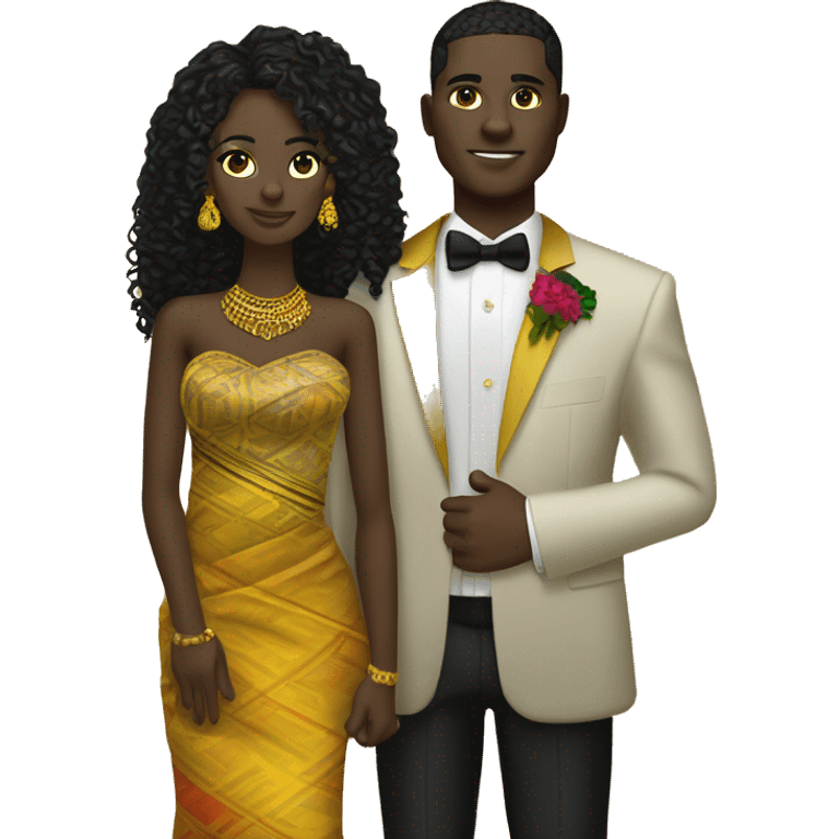 Ghanaian bride with black long curly hair and groom with black short curly hair. Gold jewelry and gold head with kente one shoulder dress. Kente cloth emoji