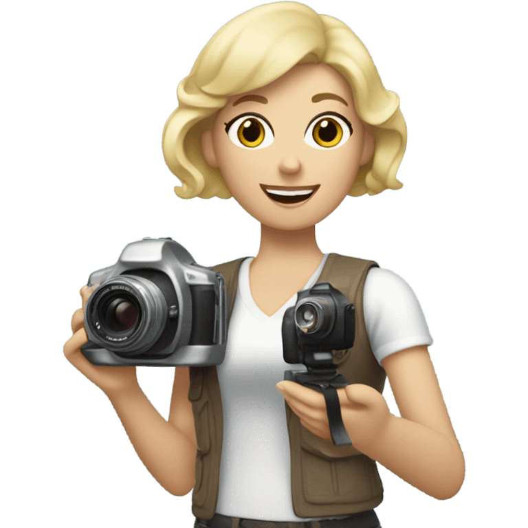 White woman with blond page hair holding a vlog camera emoji