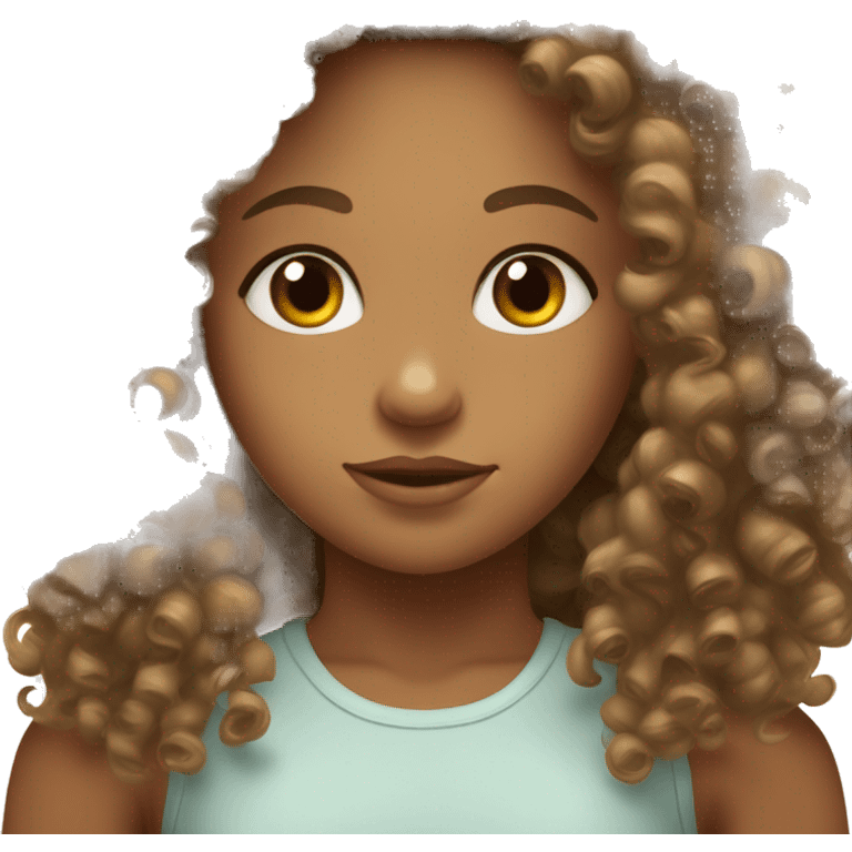 Curly haired girl with almond eyes and tan skin emoji