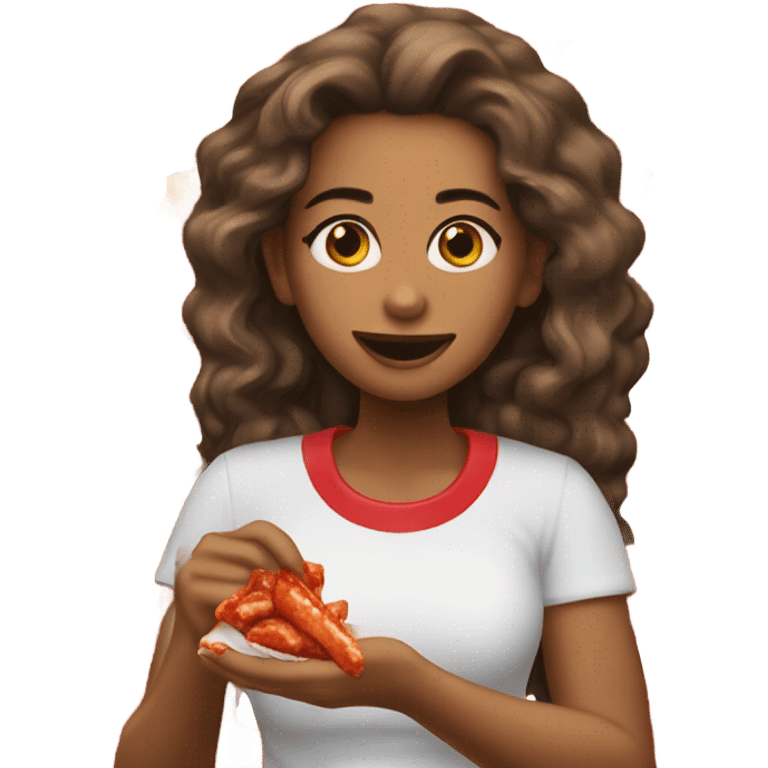 Woman eating chicken wings with 30000 ketchup packet emoji