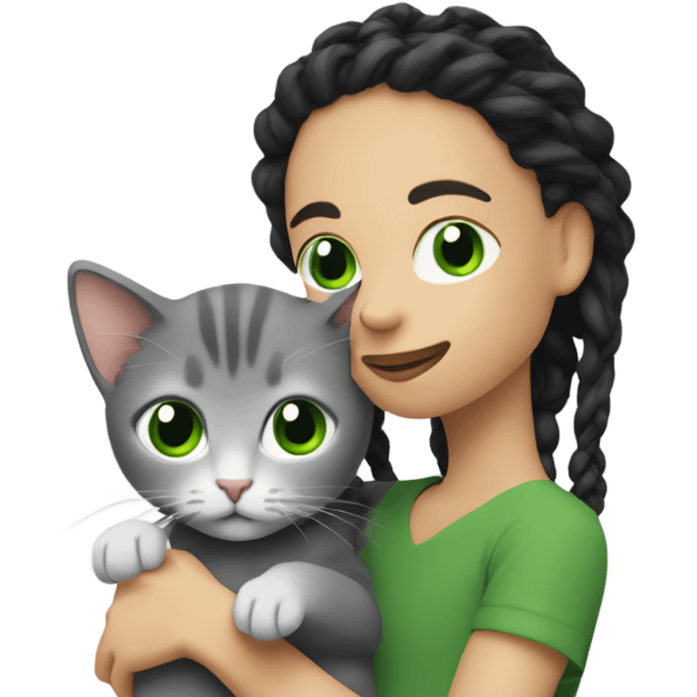 Man with dreadlocks holding a gray kitten with a white woman with black hair and green eyes ￼ emoji