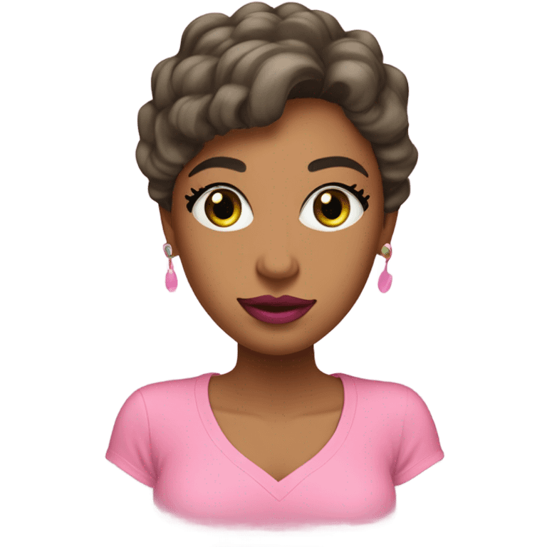 Light brown woman with pink lipstick, eyelashes, slanted eyes, wearing pink t-shirt with green trim emoji