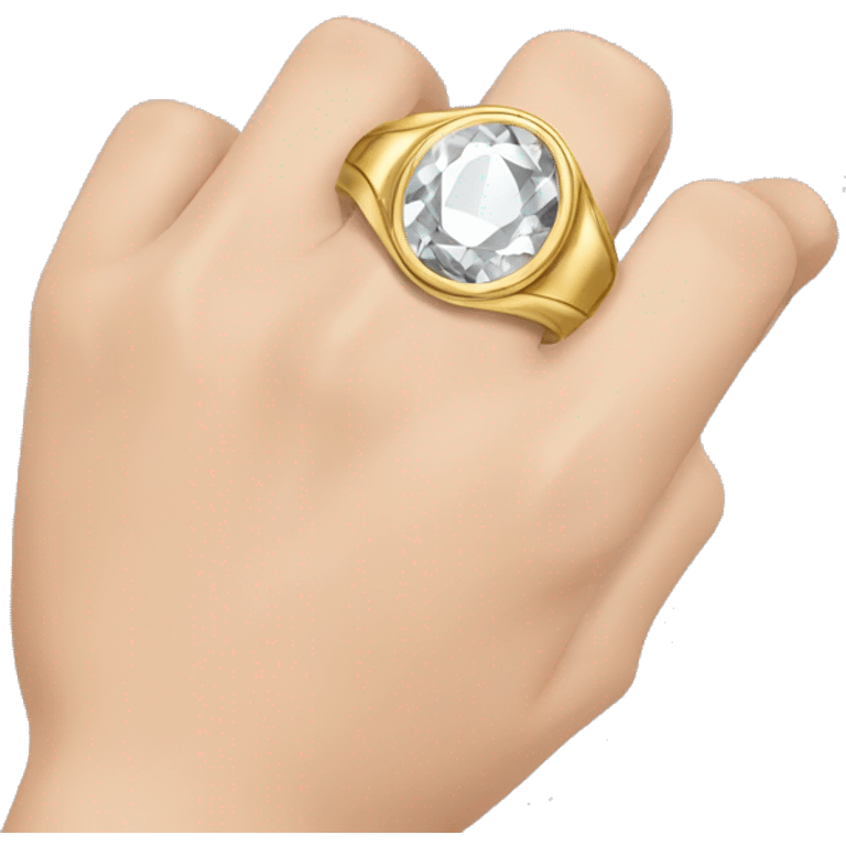 Create a picture that shows a young man's hand wearing a golden bezel wedding ring with a diamond on it. emoji