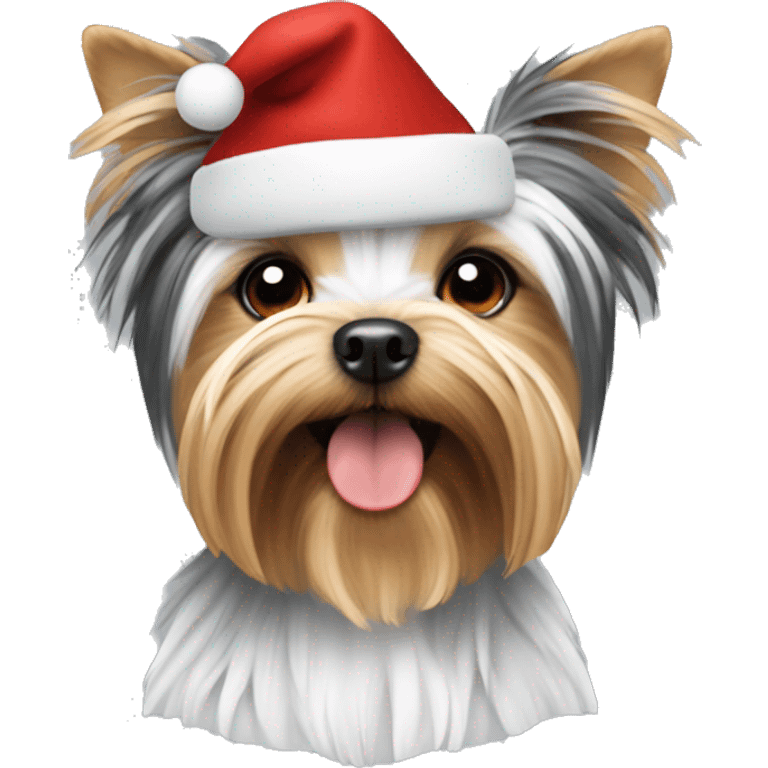 White and black Yorkshire terrier with a Christmas hat emoji