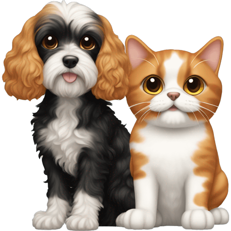 cavapoo dog next to a black, orange, and white colored calico cat emoji