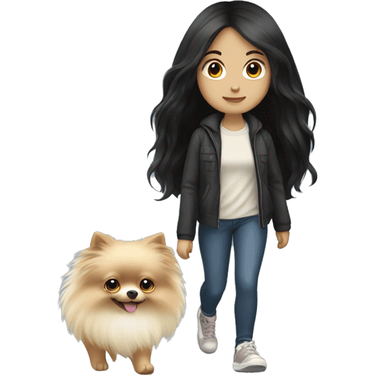 pale girl with long black hair walking with pomeranian emoji